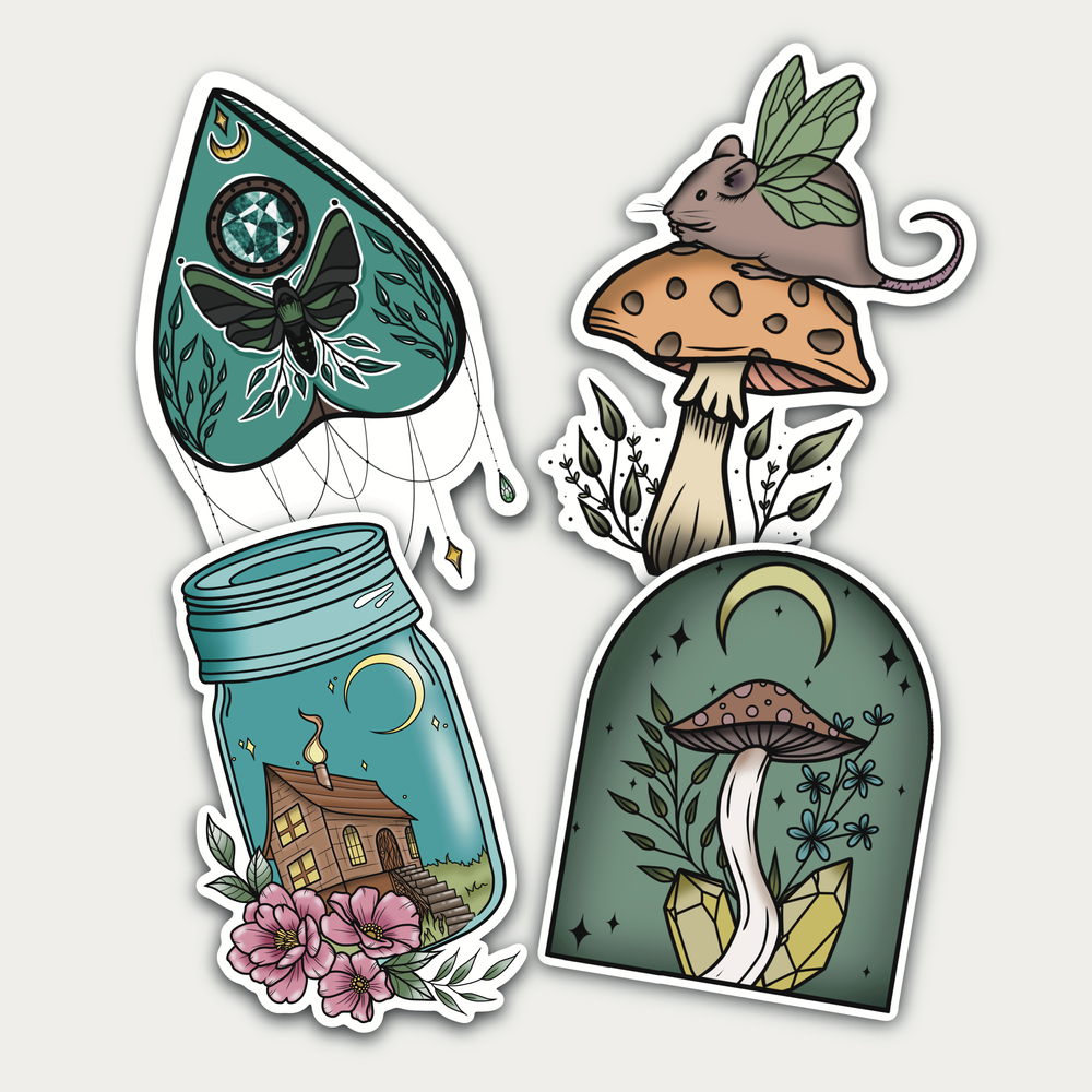 Witchy Cottagecore Sticker Pack, Green Witch, Fantasy Stickers